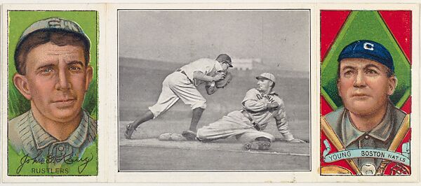 "Lobert Almost Caught," with John Kling and Denton T. Young, from the series Hassan Triple Folders (T202), Hassan Cigarettes (American), Commercial lithographs with half-tone photograph