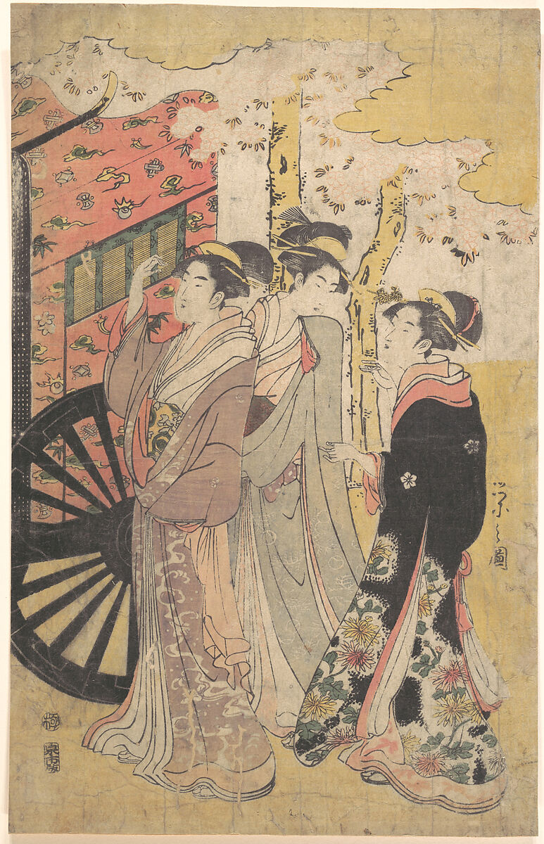 Lady in a Court Carriage Viewing Cherry Blossoms, Chōbunsai Eishi (Japanese, 1756–1829), Woodblock print; ink and color on paper, Japan 