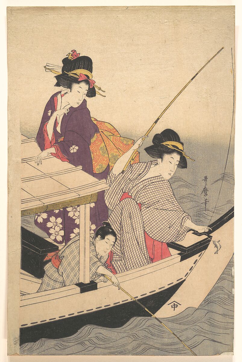 Fishing, Kitagawa Utamaro (Japanese, ca. 1754–1806), Woodblock print; ink and color on paper, Japan 