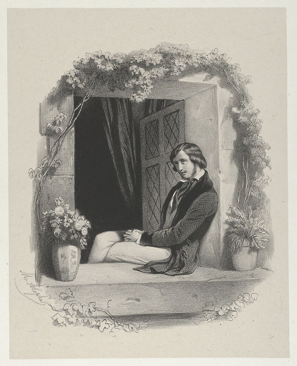 Melancholy, young man with folded hands sitting on window sill, Marie-Alexandre Alophe (French, 1811–1883), Lithograph 