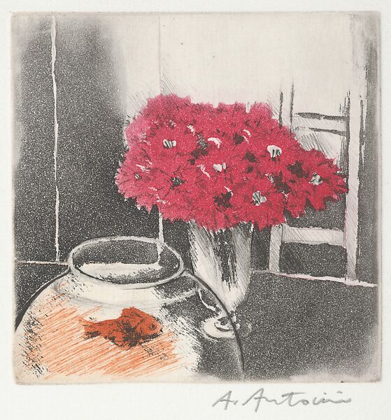 Untitled, Still Life with Goldfish Bowl, André Antonini (French, 1924–1993), Etching and aquatint printed in color 