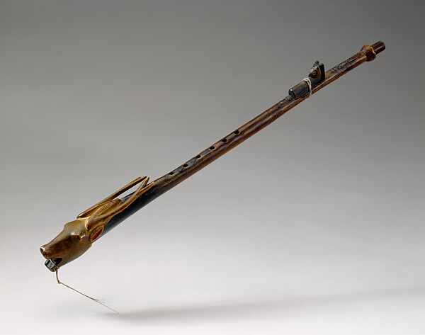 Courting Flute, Wood, pigment, native-tanned leather, feather, Lakota (Teton Sioux) 