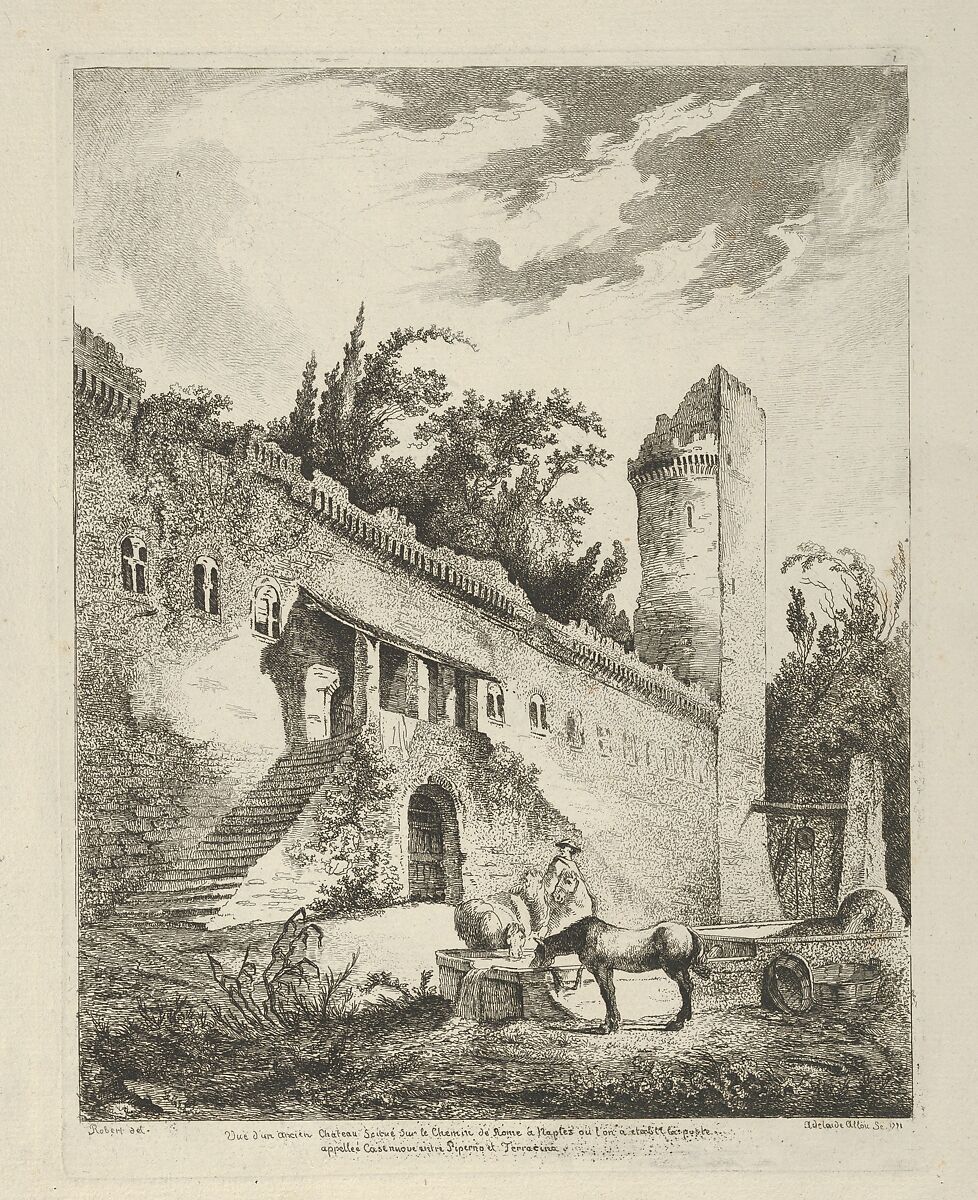 Vue d'un ancien chateau scitué sur le chemin de Rome à Naples from Differentes vues dessiné d'après nature... dans les environs de Rome et de Naples, Adélaide Allou (French, active 1776–1800), Etching 