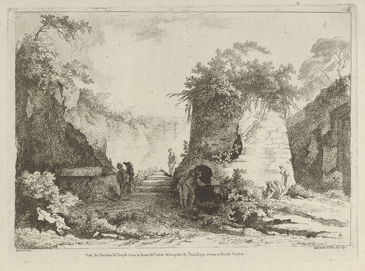 Vue du Tombeau de Virgile from Differentes vues dessiné d'après nature... dans les environs de Rome et de Naples, Adélaide Allou (French, active 1776–1800), Etching 