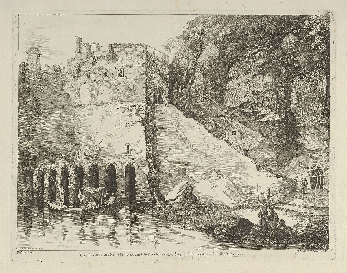 Vue des debris des bains de Neron from Differentes vues dessiné d'après nature... dans les environs de Rome et de Naples, Adélaide Allou (French, active 1776–1800), Etching 