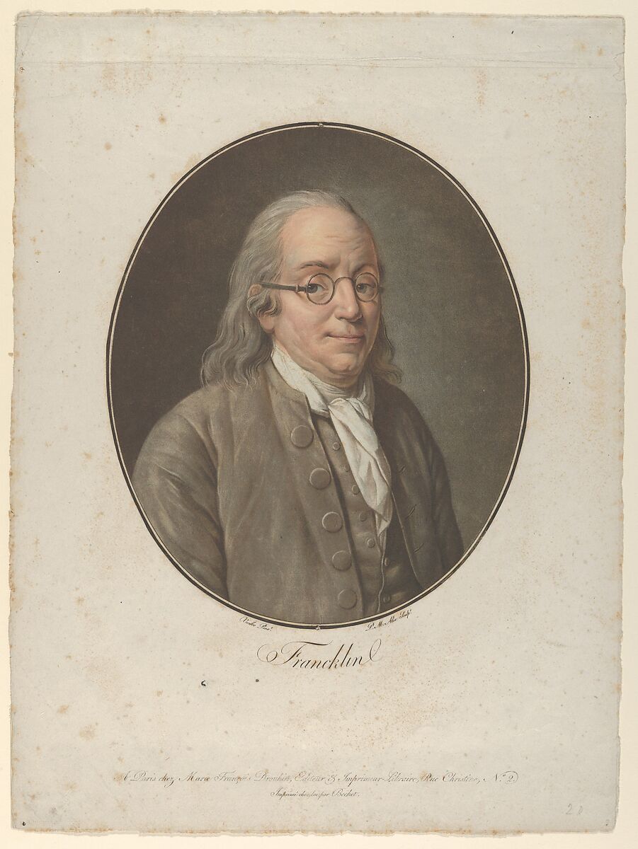 Portrait of Franklin, after Vanloo, Pierre Michel Alix (French, Paris 1762–1817 Paris), Color aquatint 