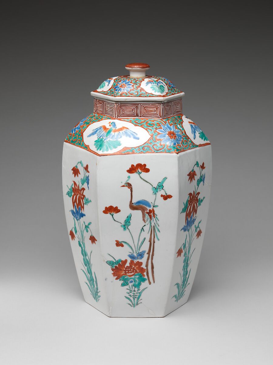 Hexagonal jar with Flower and Bird Decoration (one of a pair