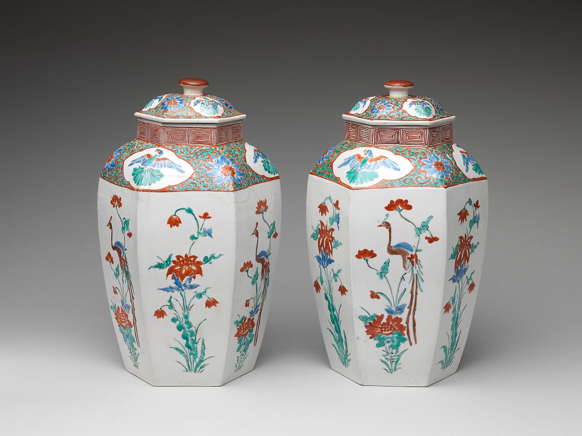 Hexagonal jar with Flower and Bird Decoration (one of a pair), Porcelain with overglaze enamels (Arita ware, Kakiemon type), Japan