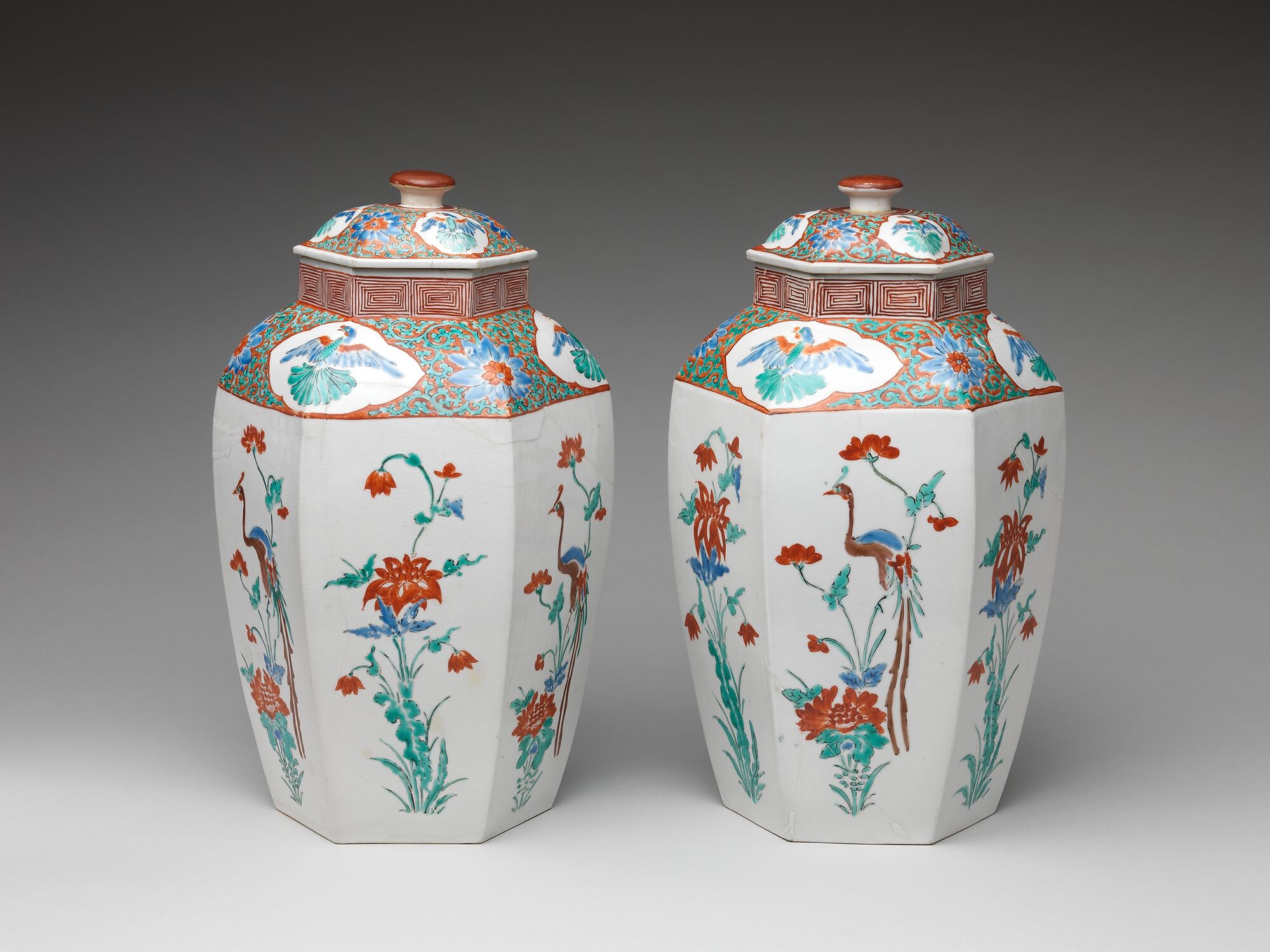 Hexagonal jar with Flower and Bird Decoration (one of a pair