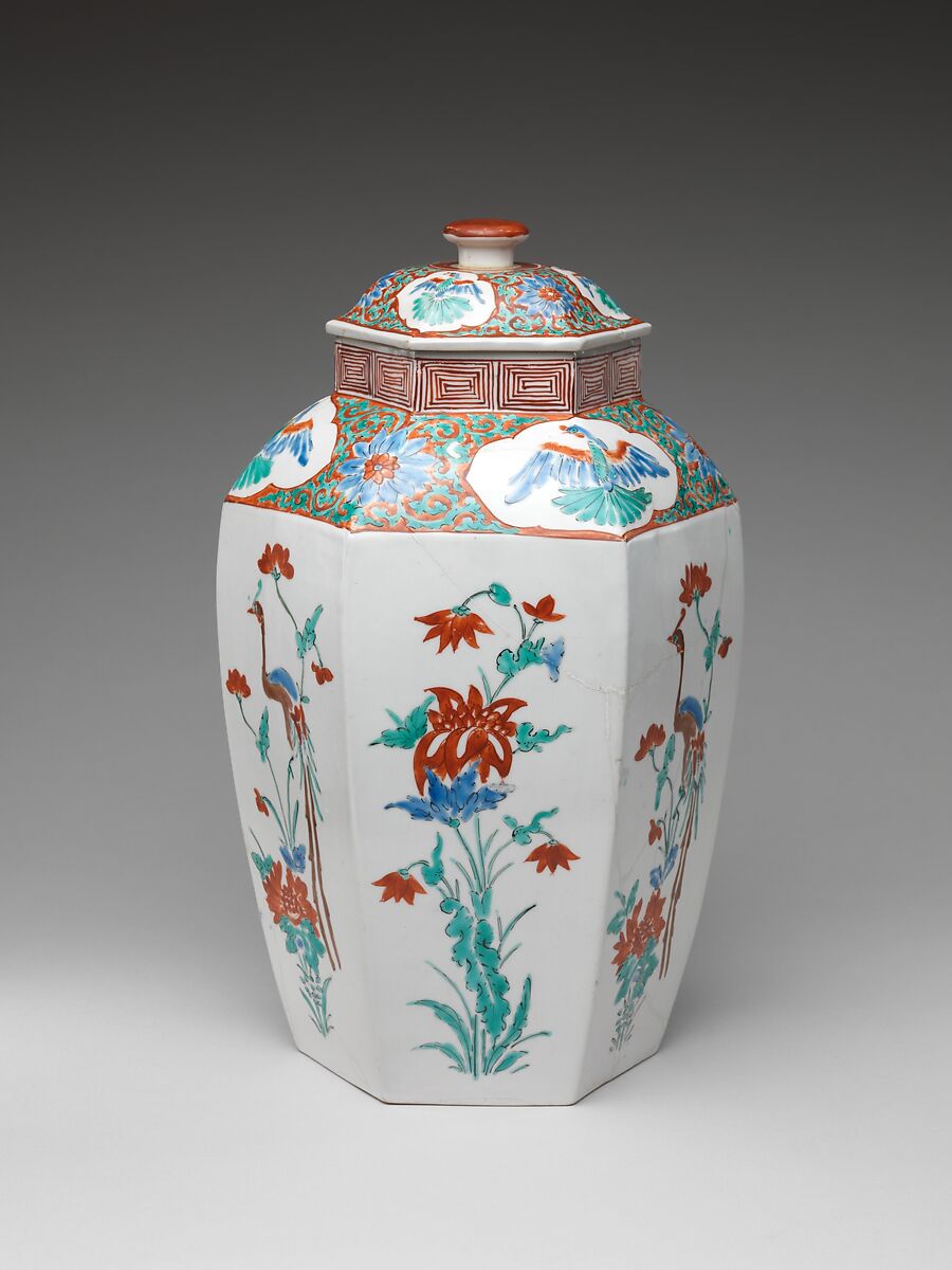 Hexagonal jar with Flower and Bird Decoration (one of a pair), Porcelain with overglaze enamels (Arita ware, Kakiemon type), Japan
