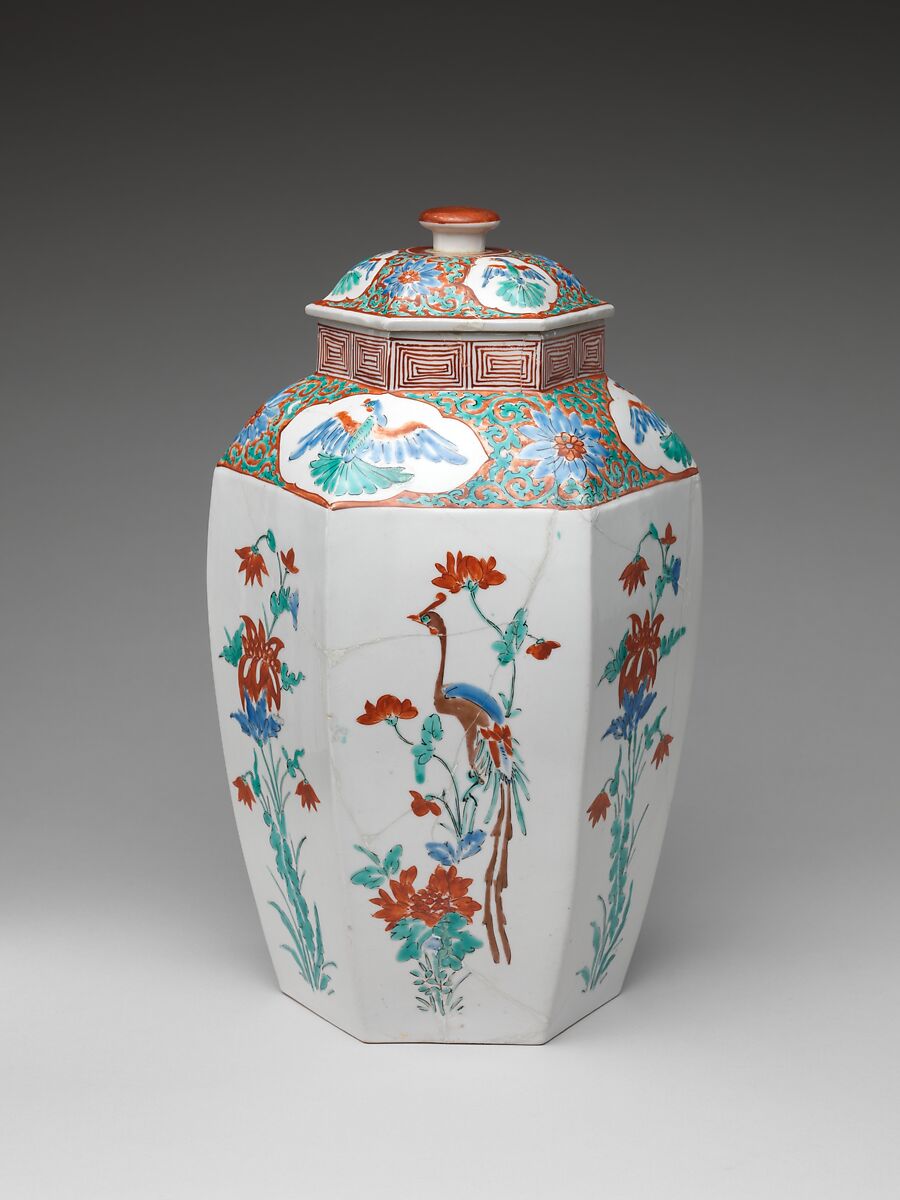 Hexagonal jar with Flower and Bird Decoration (one of a pair), Porcelain with overglaze enamels (Arita ware, Kakiemon type), Japan