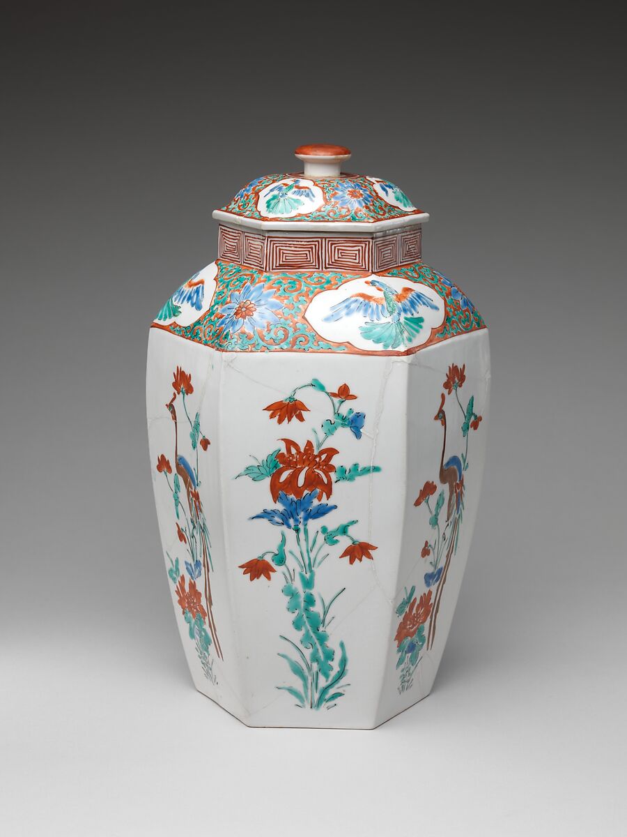 Hexagonal jar with Flower and Bird Decoration (one of a pair), Porcelain with overglaze enamels (Arita ware, Kakiemon type), Japan