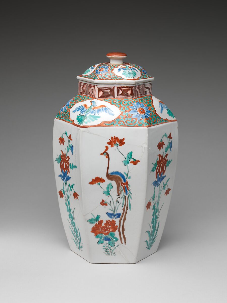 Hexagonal jar with Flower and Bird Decoration (one of a pair), Porcelain with overglaze enamels (Arita ware, Kakiemon type), Japan