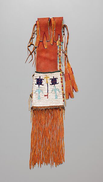 Tobacco Bag, Native-tanned leather, glass and metal beads, pigment, Southern Arapaho 