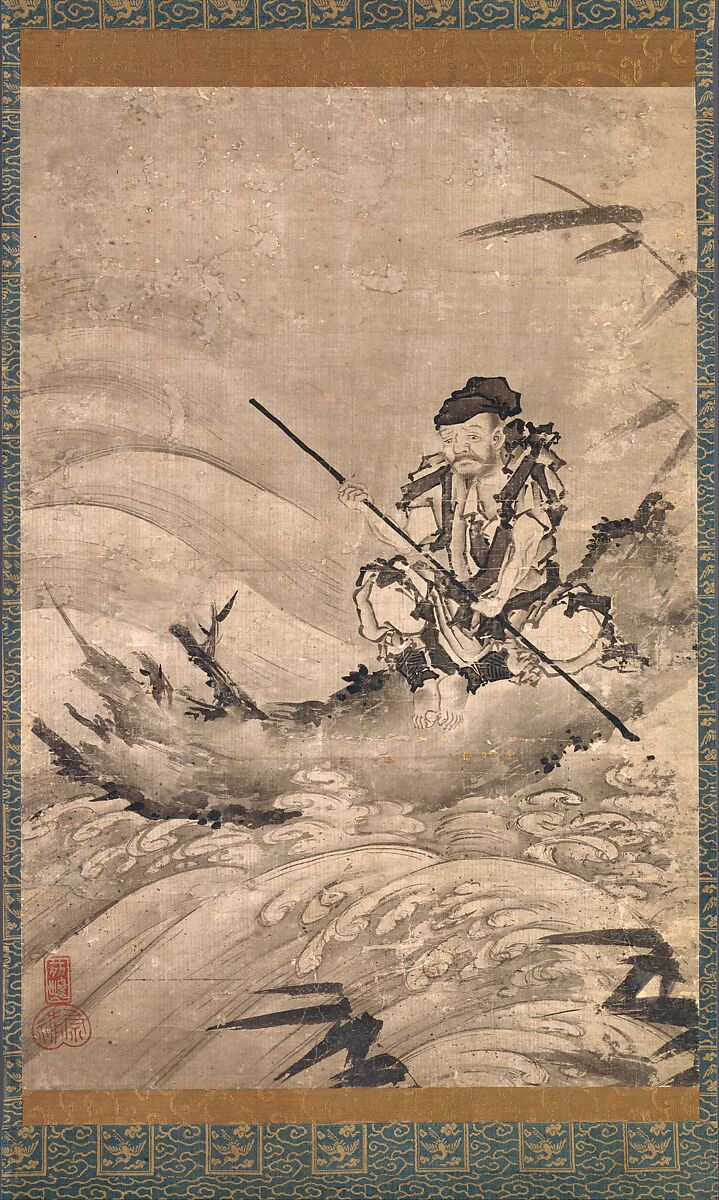 The Chinese Explorer Zhang Qian on a Raft, Maejima Sōyū (active mid-16th century), Hanging scroll; ink on paper, Japan 