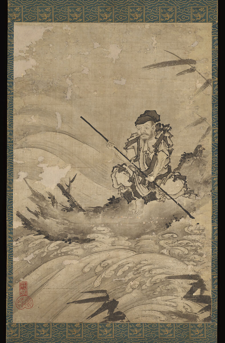 The Chinese Explorer Zhang Qian on a Raft, Maejima Sōyū (active mid-16th century), Hanging scroll; ink on paper, Japan 