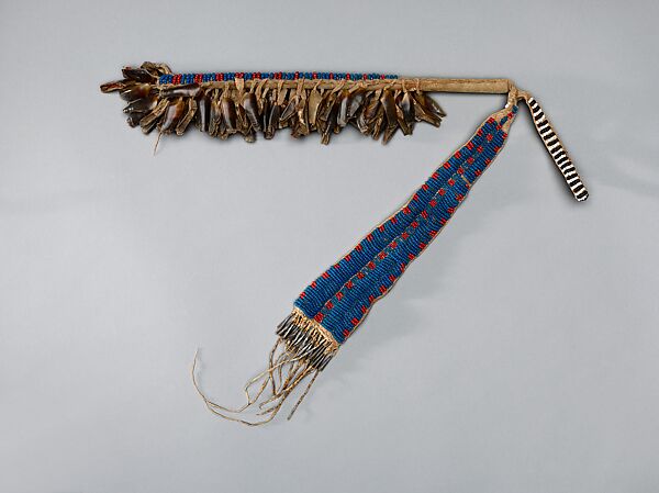 Rattle, Wood, native-tanned leather, glass beads, dewclaws, metal cones, Lakota (Teton Sioux) 