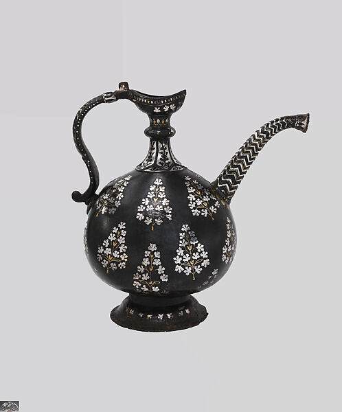 Pear-Shaped Bidri Ewer (Aftaba) with Flowering Trees, Zinc alloy inlaid with brass and silver 