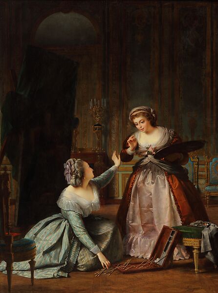 Marie Antoinette Gathering the Brushes of Madame Vigée Le Brun, 1784, Alexis-Joseph Pérignon (French, Paris 1806–1882 Paris), Oil on canvas 