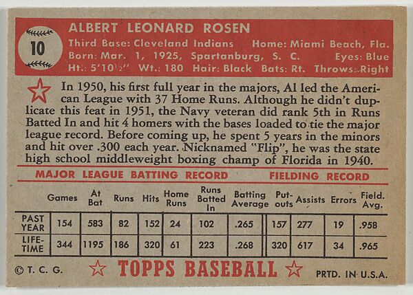 Card Number 10, Al Rosen, Cleveland Indians, from the Topps Baseball series (R414-6) issued by Topps Chewing Gum Company, Issued by Topps Chewing Gum Company (American, Brooklyn), Commercial color lithograph