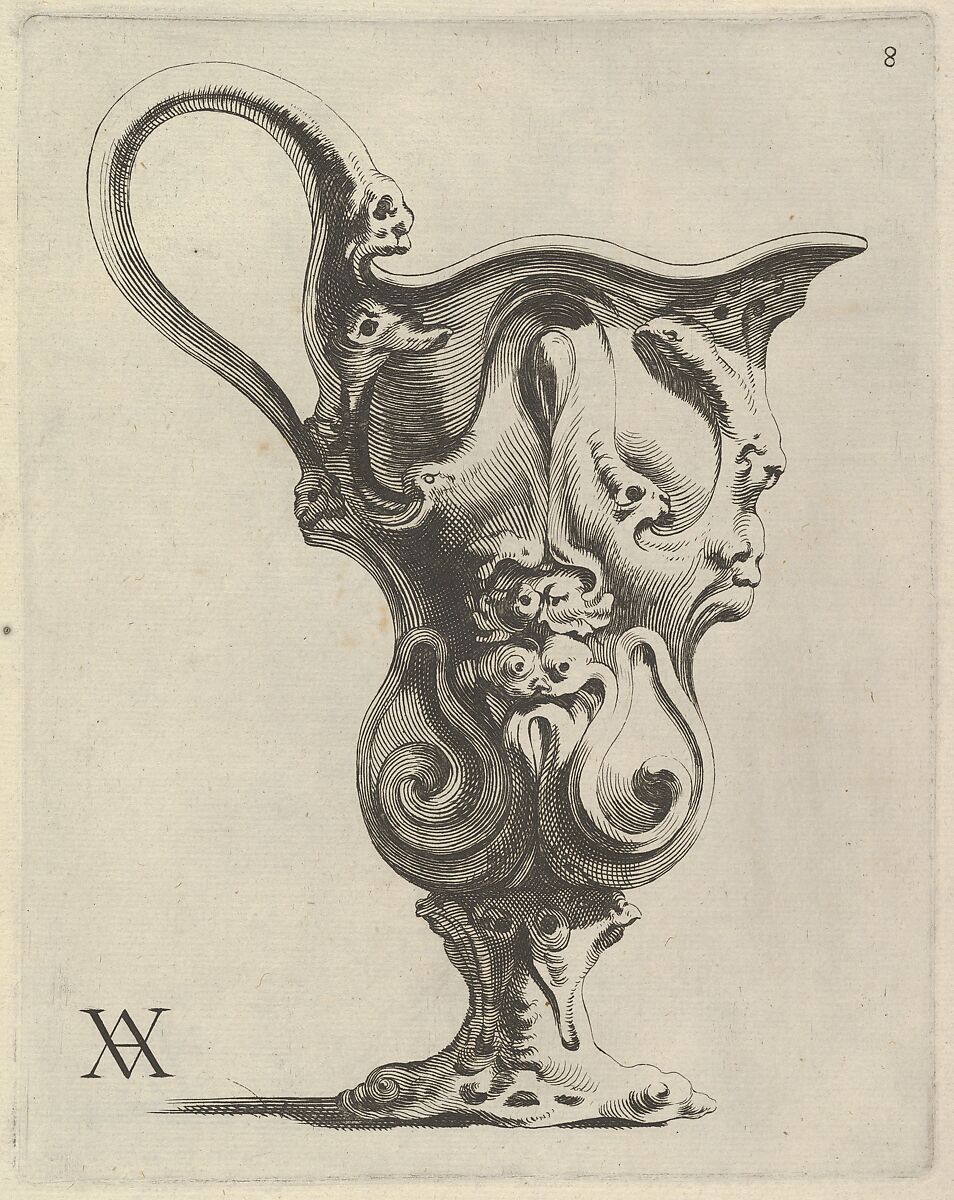 Plate 8, from "Modelli Artificiosi di Vasi diversi d'argento et altre Opere capriciozi (...), Parte prima", Theodor van Kessel (Dutch, 1620–1660), Etching 