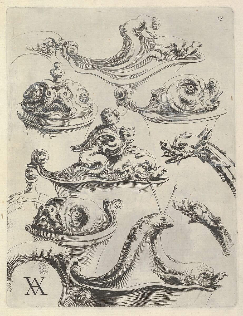 Modelli Artificiosi di Vasi diversi d'argento et altre Opere capriciozi (...) Parte prima (Plate 13), Theodor van Kessel (Dutch, 1620–1660), Etching 
