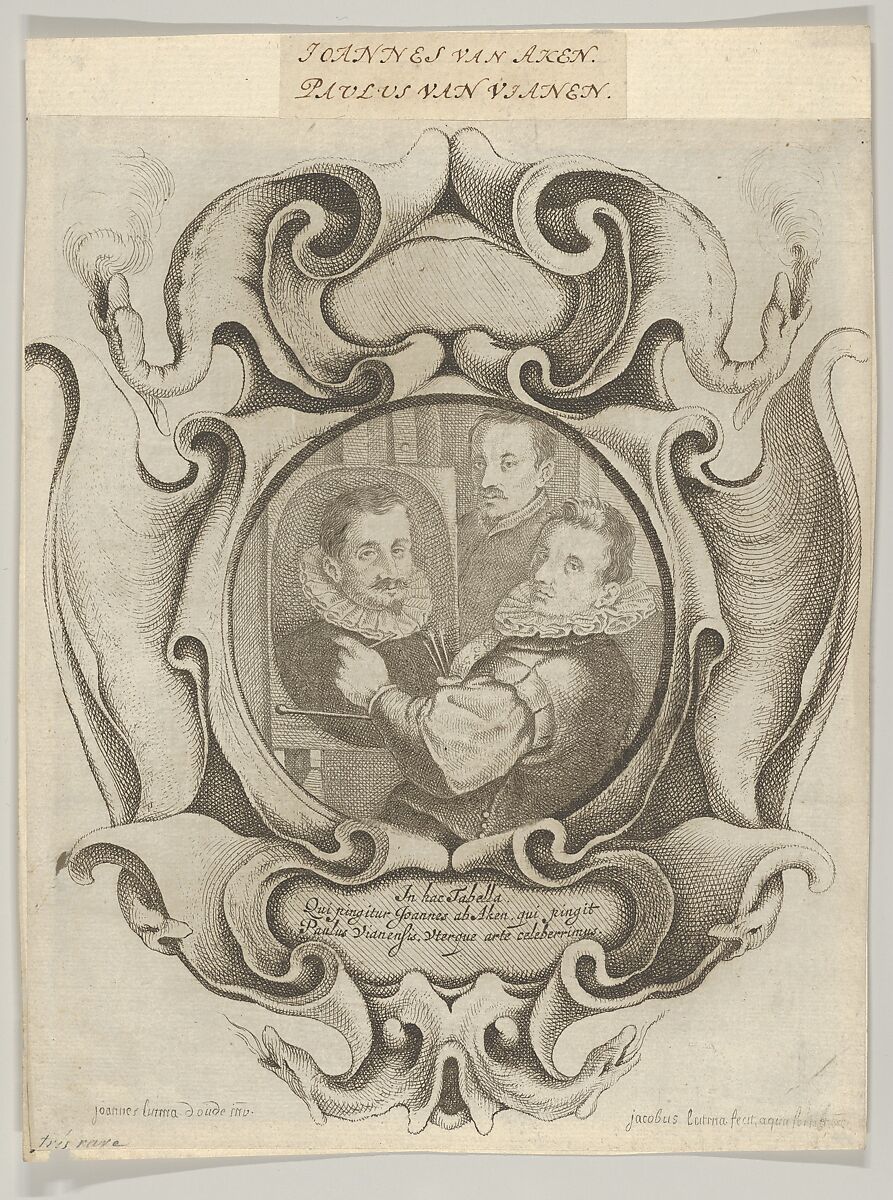 Auricular Cartouche with the Painter Hans von Aachen, the Goldsmith Paulus van Vianen, and the Sculptor Adriaen de Vries, Jacob Lutma (Dutch, Amsterdam 1624/44–1654 Amsterdam), Etching: second state of three 