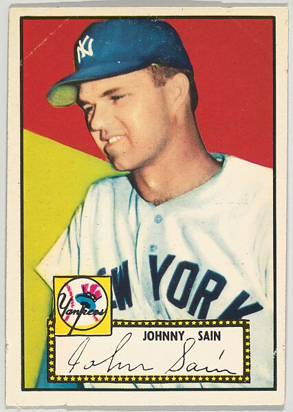 Card Number 49, Johnny Sain, New York Yankees, from the Topps Baseball series (R414-6) issued by Topps Chewing Gum Company, Issued by Topps Chewing Gum Company (American, Brooklyn), Commercial color lithograph 