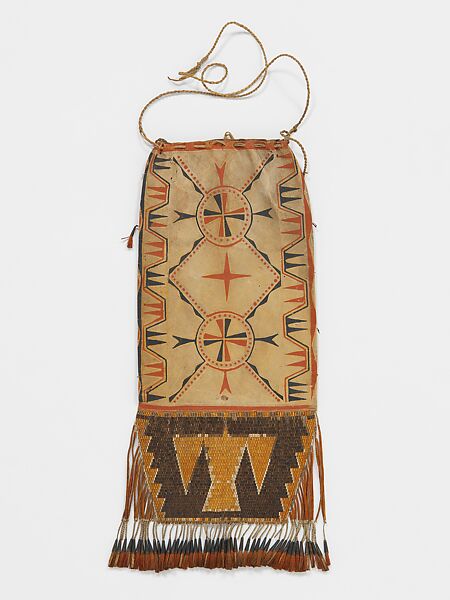 Tobacco Bag, Native-tanned leather, pigment, porcupine quills, metal cones, deer hair, Great Lakes, probably Ojibwa 
