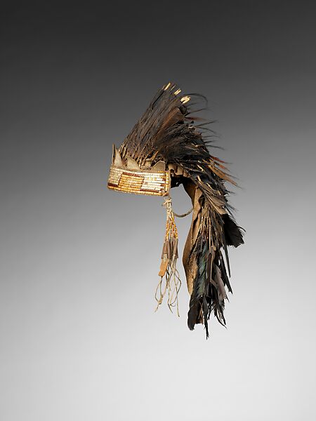 Feather Headdress, Raven feathers, porcupine quills, native-tanned leather, deer hair, metal cones, Eastern Plains or Western Great Lakes 