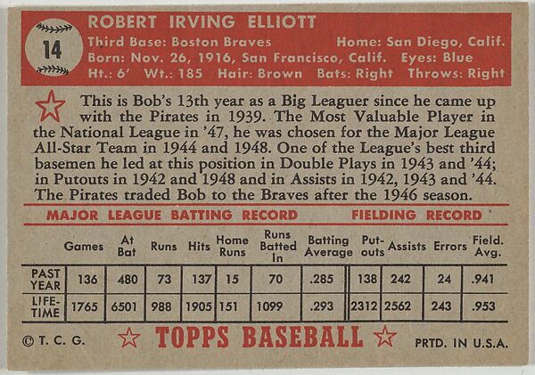 Card Number 14, Bob Elliott, Boston Braves, from the Topps Baseball series (R414-6) issued by Topps Chewing Gum Company, Issued by Topps Chewing Gum Company (American, Brooklyn), Commercial color lithograph