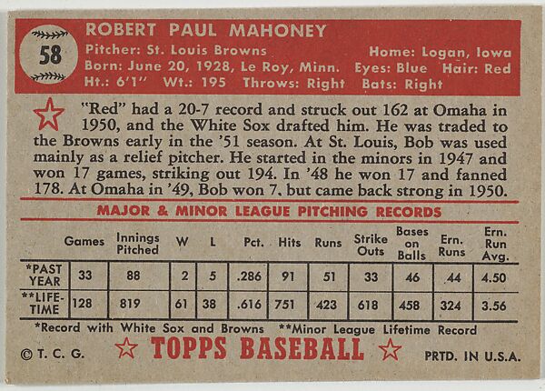 Card Number 58, Bob Mahoney, St. Louis Browns, from the Topps Baseball series (R414-6) issued by Topps Chewing Gum Company, Issued by Topps Chewing Gum Company (American, Brooklyn), Commercial color lithograph