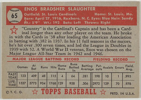 Card Number 65, Enos Slaughter, St. Louis Cardinals, from the Topps Baseball series (R414-6) issued by Topps Chewing Gum Company, Issued by Topps Chewing Gum Company (American, Brooklyn), Commercial color lithograph