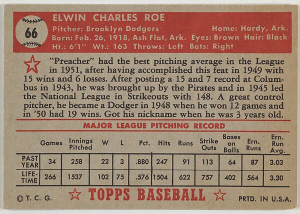 Card Number 66, "Preacher" Roe, Brooklyn Dodgers, from the Topps Baseball series (R414-6) issued by Topps Chewing Gum Company, Issued by Topps Chewing Gum Company (American, Brooklyn), Commercial color lithograph