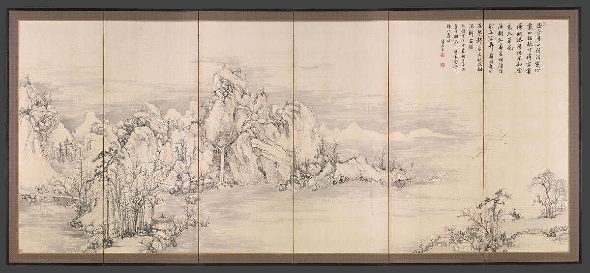 Lake Biwa in Four Seasons, Nukina Kaioku (Japanese, 1778–1863), Pair of six-panel folding screens; ink and color on paper, Japan