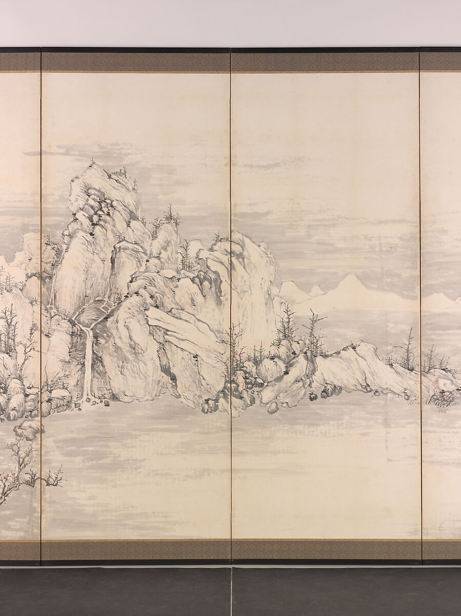 Lake Biwa in Four Seasons, Nukina Kaioku (Japanese, 1778–1863), Pair of six-panel folding screens; ink and color on paper, Japan
