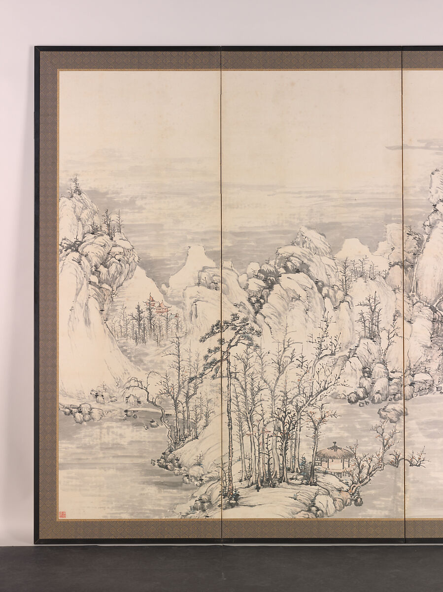 Lake Biwa in Four Seasons, Nukina Kaioku (Japanese, 1778–1863), Pair of six-panel folding screens; ink and color on paper, Japan