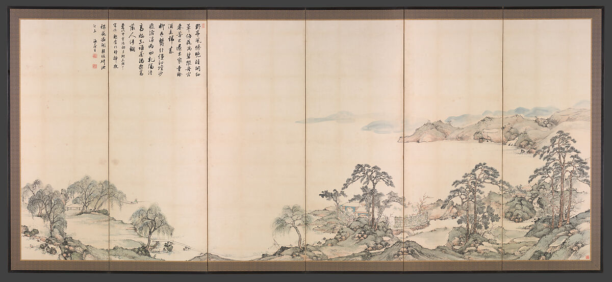 Lake Biwa in Four Seasons, Nukina Kaioku (Japanese, 1778–1863), Pair of six-panel folding screens; ink and color on paper, Japan 