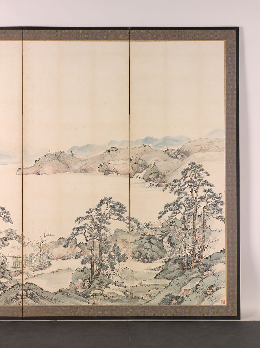 Lake Biwa in Four Seasons, Nukina Kaioku (Japanese, 1778–1863), Pair of six-panel folding screens; ink and color on paper, Japan