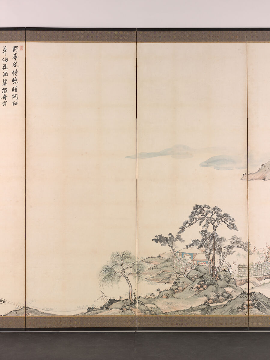 Lake Biwa in Four Seasons, Nukina Kaioku (Japanese, 1778–1863), Pair of six-panel folding screens; ink and color on paper, Japan