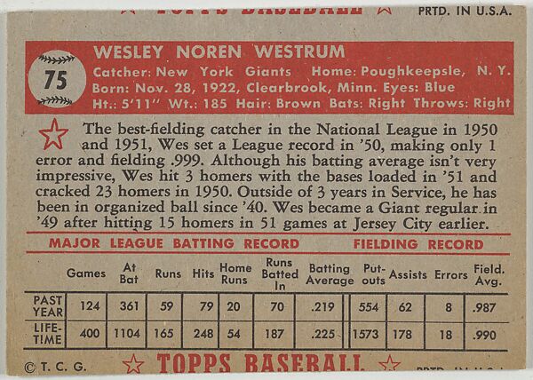 Card Number 75, Wes Westrum, New York Giants, from the Topps Baseball series (R414-6) issued by Topps Chewing Gum Company, Issued by Topps Chewing Gum Company (American, Brooklyn), Commercial color lithograph