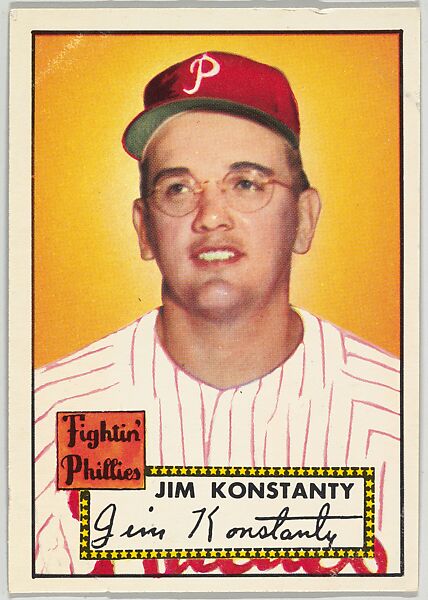 Card Number 108, Jim Konstanty, Fightin' Phillies, from the Topps Baseball series (R414-6) issued by Topps Chewing Gum Company, Issued by Topps Chewing Gum Company (American, Brooklyn), Commercial color lithograph 