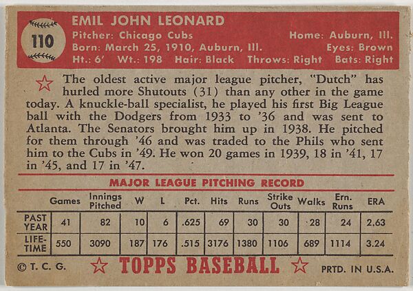 Card Number 110, Dutch Leonard, Chicago Bears, from the Topps Baseball series (R414-6) issued by Topps Chewing Gum Company, Issued by Topps Chewing Gum Company (American, Brooklyn), Commercial color lithograph