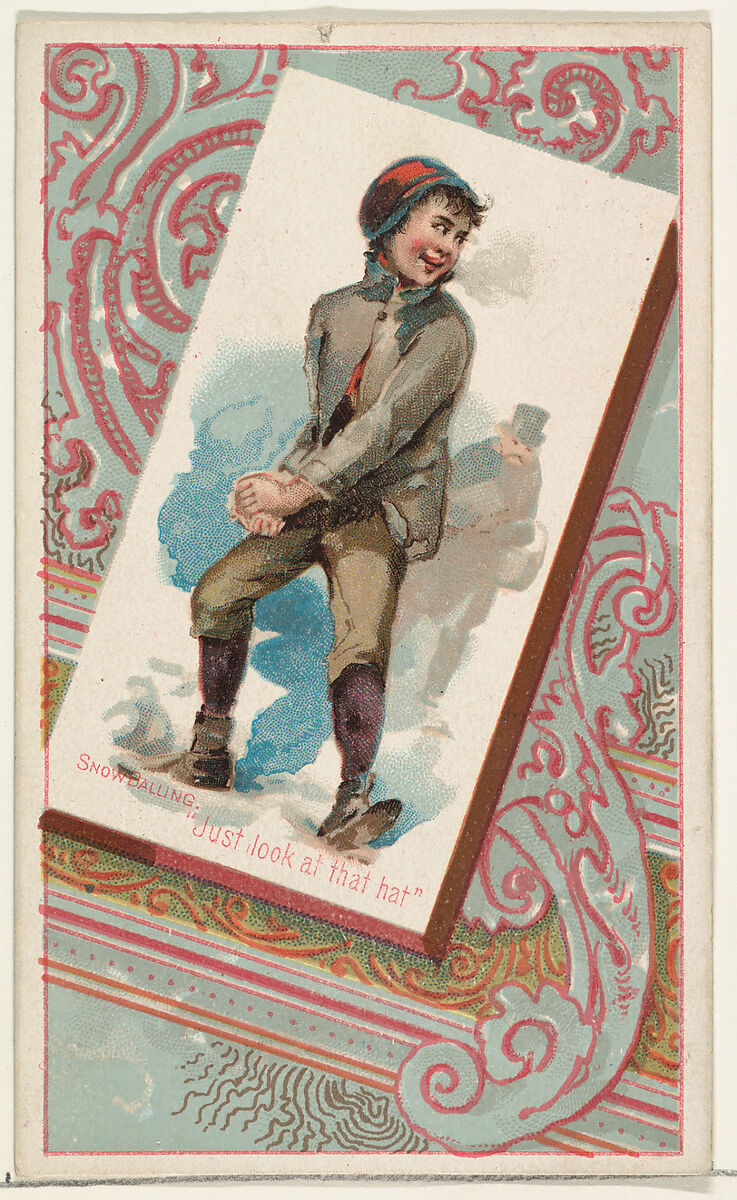 Snow Balling, "Just look at that hat," from the Terrors of America set (N136) issued by Duke Sons & Co. to promote Honest Long Cut Tobacco, Issued by W. Duke, Sons &amp; Co. (New York and Durham, N.C.), Commercial color lithograph 