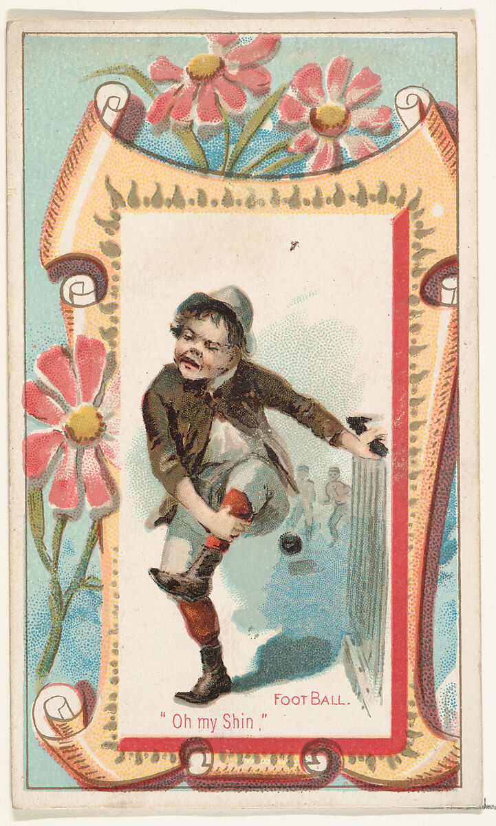 Football, "Oh my Shin," from the Terrors of America set (N136) issued by Duke Sons & Co. to promote Honest Long Cut Tobacco, Issued by W. Duke, Sons &amp; Co. (New York and Durham, N.C.), Commercial color lithograph 