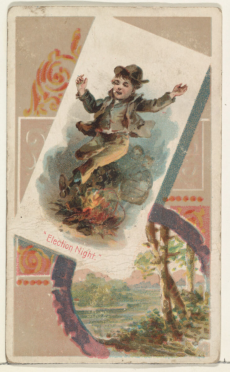 "Election Night," from the Terrors of America set (N136) issued by Duke Sons & Co. to promote Honest Long Cut Tobacco, Issued by W. Duke, Sons &amp; Co. (New York and Durham, N.C.), Commercial color lithograph 