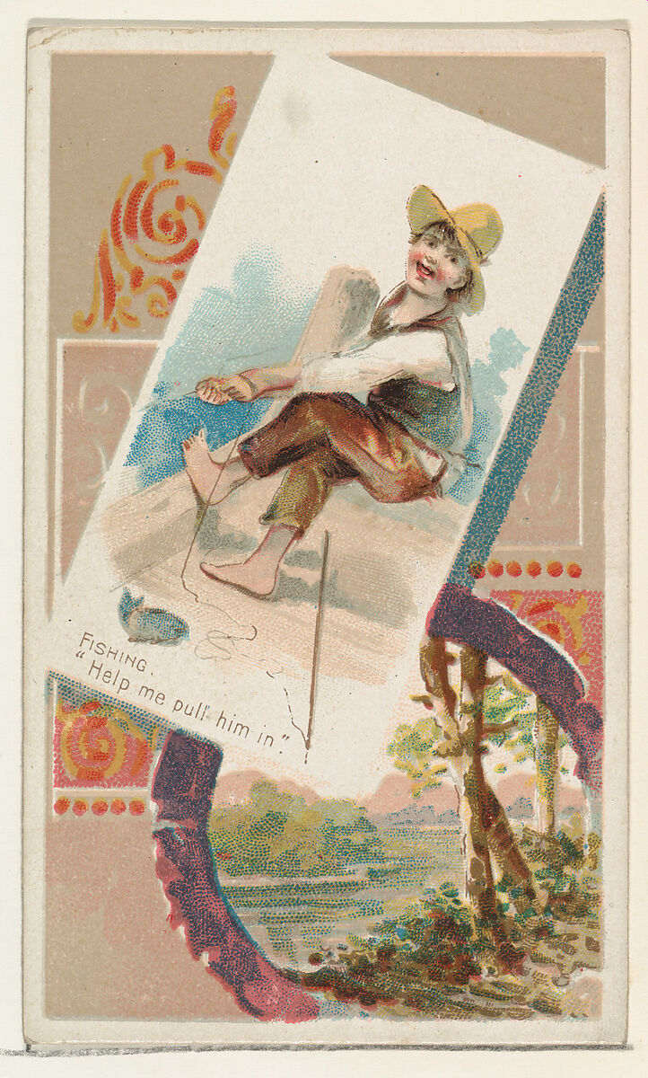 Fishing, "Help me pull him in," from the Terrors of America set (N136) issued by Duke Sons & Co. to promote Honest Long Cut Tobacco, Issued by W. Duke, Sons &amp; Co. (New York and Durham, N.C.), Commercial color lithograph 