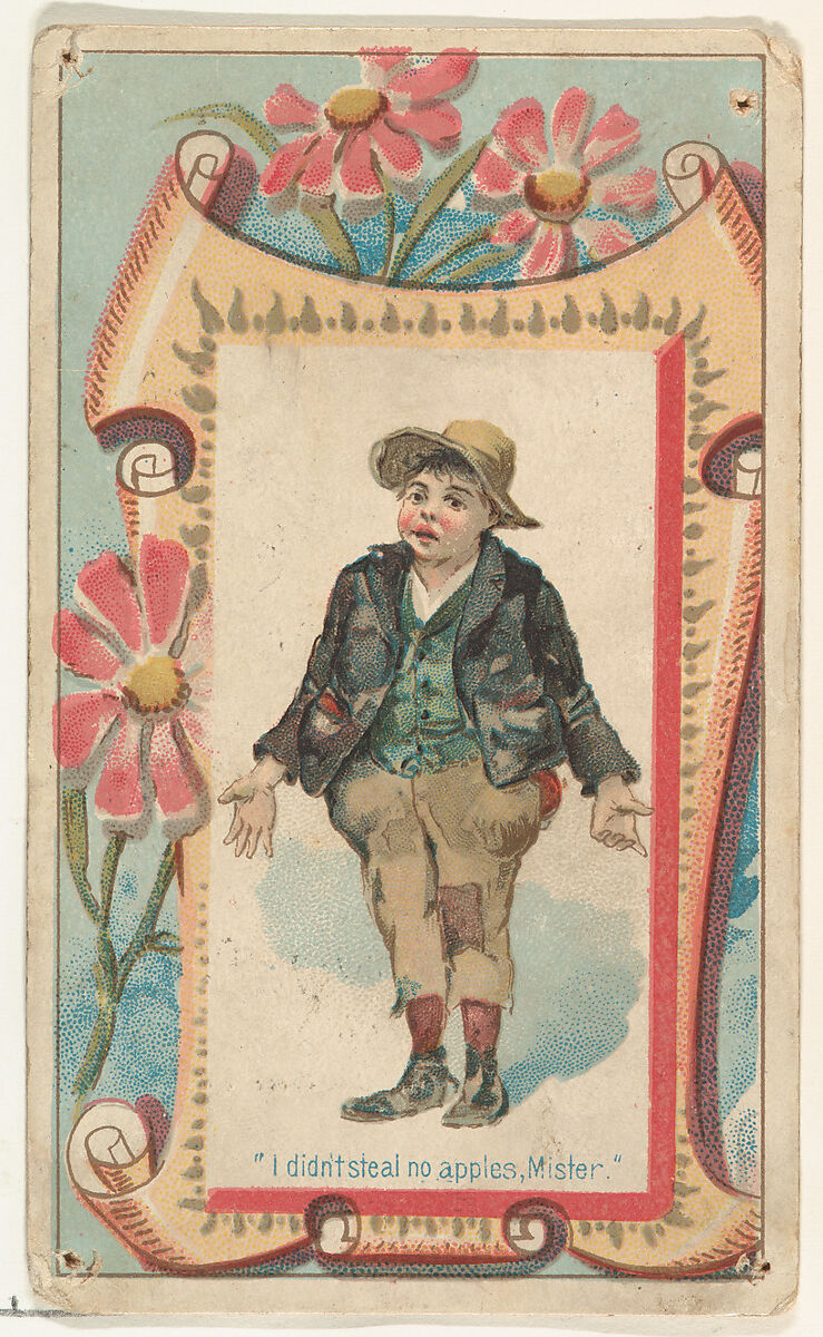 "I didn't steal no apples, Mister," from the Terrors of America set (N136) issued by Duke Sons & Co. to promote Honest Long Cut Tobacco, Issued by W. Duke, Sons &amp; Co. (New York and Durham, N.C.), Commercial color lithograph 