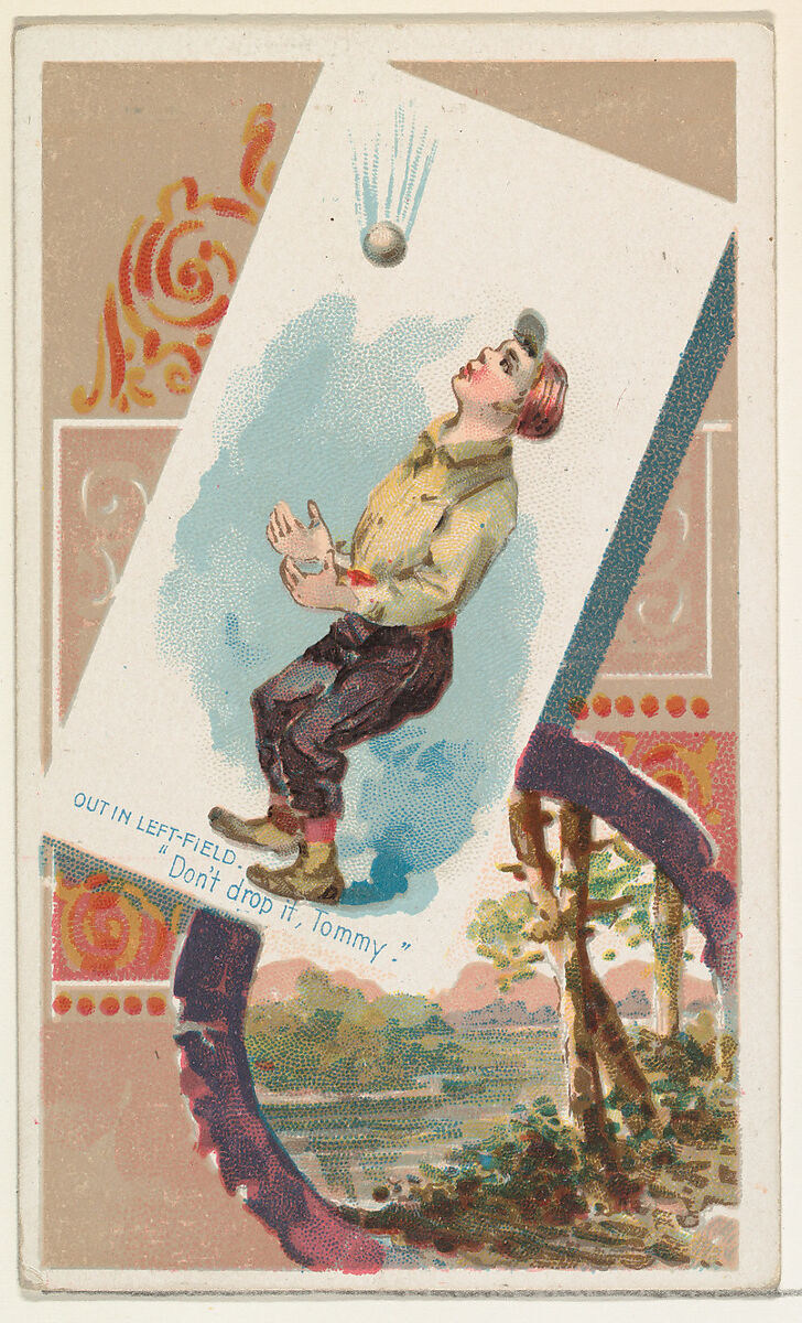 Out in Left-Field, "Dont drop it, Tommy," from the Terrors of America set (N136) issued by Duke Sons & Co. to promote Honest Long Cut Tobacco, Issued by W. Duke, Sons &amp; Co. (New York and Durham, N.C.), Commercial color lithograph 