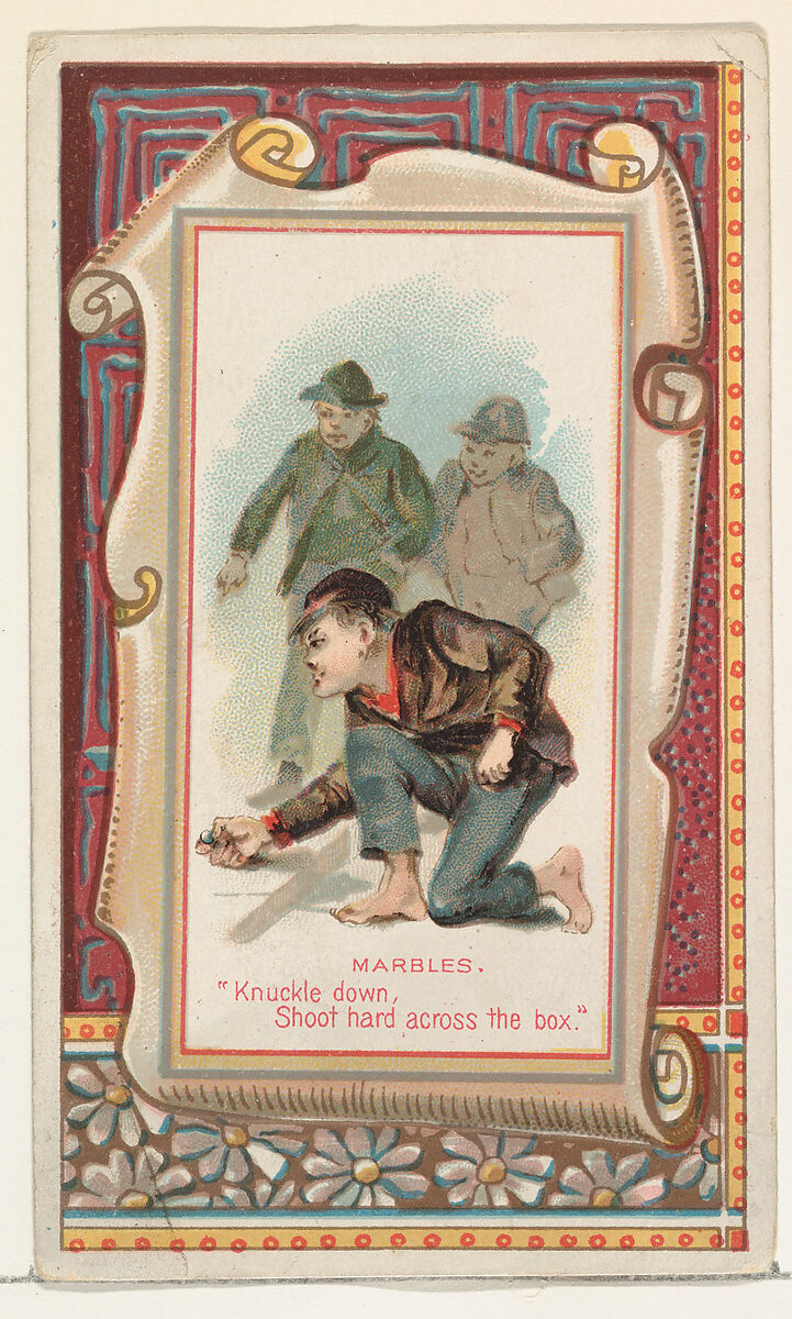 Marbles, "Knuckle down, Shoot hard across the box," from the Terrors of America set (N136) issued by Duke Sons & Co. to promote Honest Long Cut Tobacco, Issued by W. Duke, Sons &amp; Co. (New York and Durham, N.C.), Commercial color lithograph 